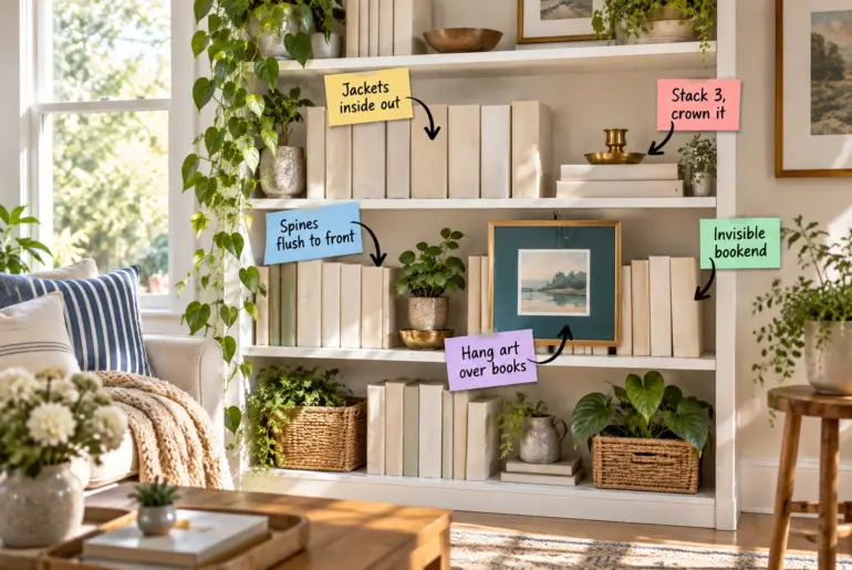 A white five-shelf bookcase styled with books, plants, and art, featuring instructional labels pointing to specific styling techniques.