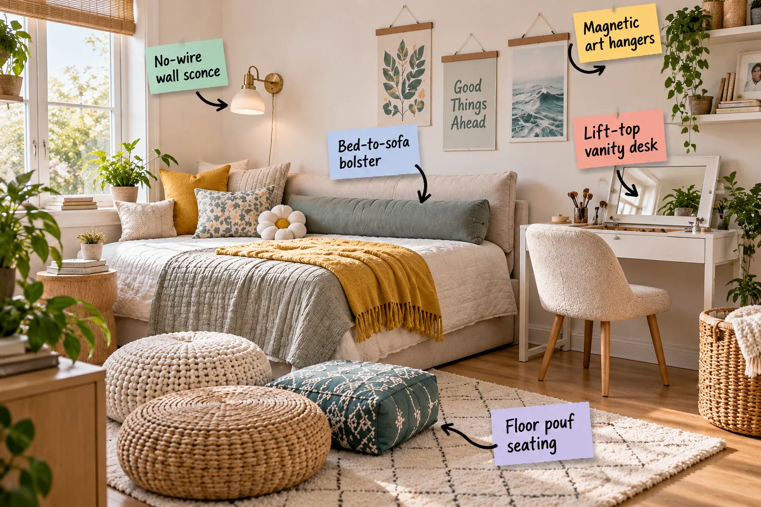 A beautifully styled tween girl bedroom featuring a daybed with a green bolster, a white lift-top vanity desk, and textured floor poufs on a white rug.