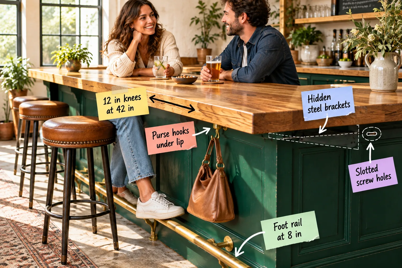 Two friends sitting at an emerald green home bar with a warm oak butcher-block top and a brass foot rail.
