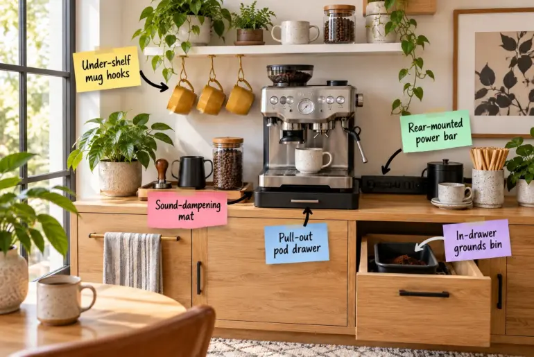 Oak credenza set up as a compact office coffee station with floating shelves, an espresso machine, and labeled organizational zones.