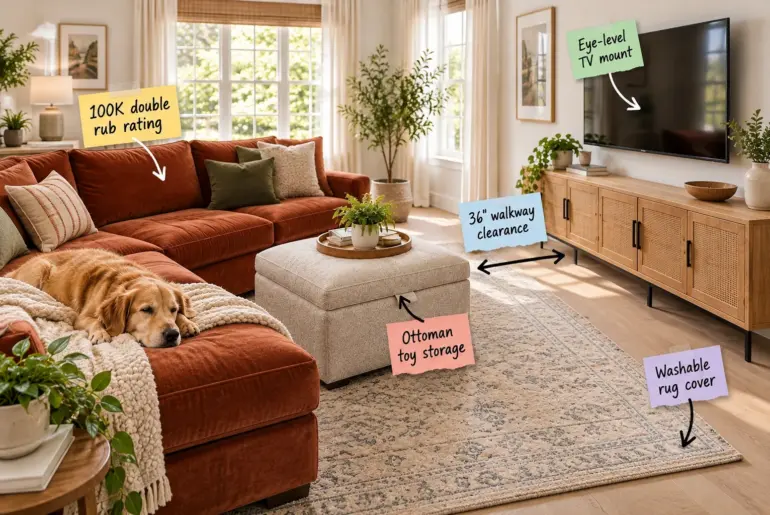 Bright family room with a rust velvet sectional, central storage ottoman, and a flat screen TV mounted over a cane console.