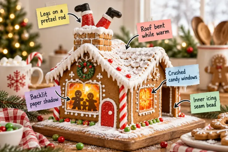 Gingerbread house with curved snowy roof, glowing amber windows showing a shadow family, and Santa's legs sticking out of the chimney, with descriptive labels pointing to key features.