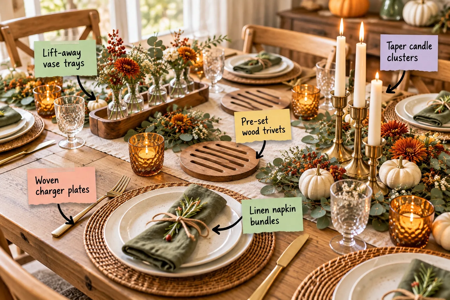 A beautifully set Thanksgiving table featuring woven chargers, sage napkins, wooden trivets, and brass taper candles.