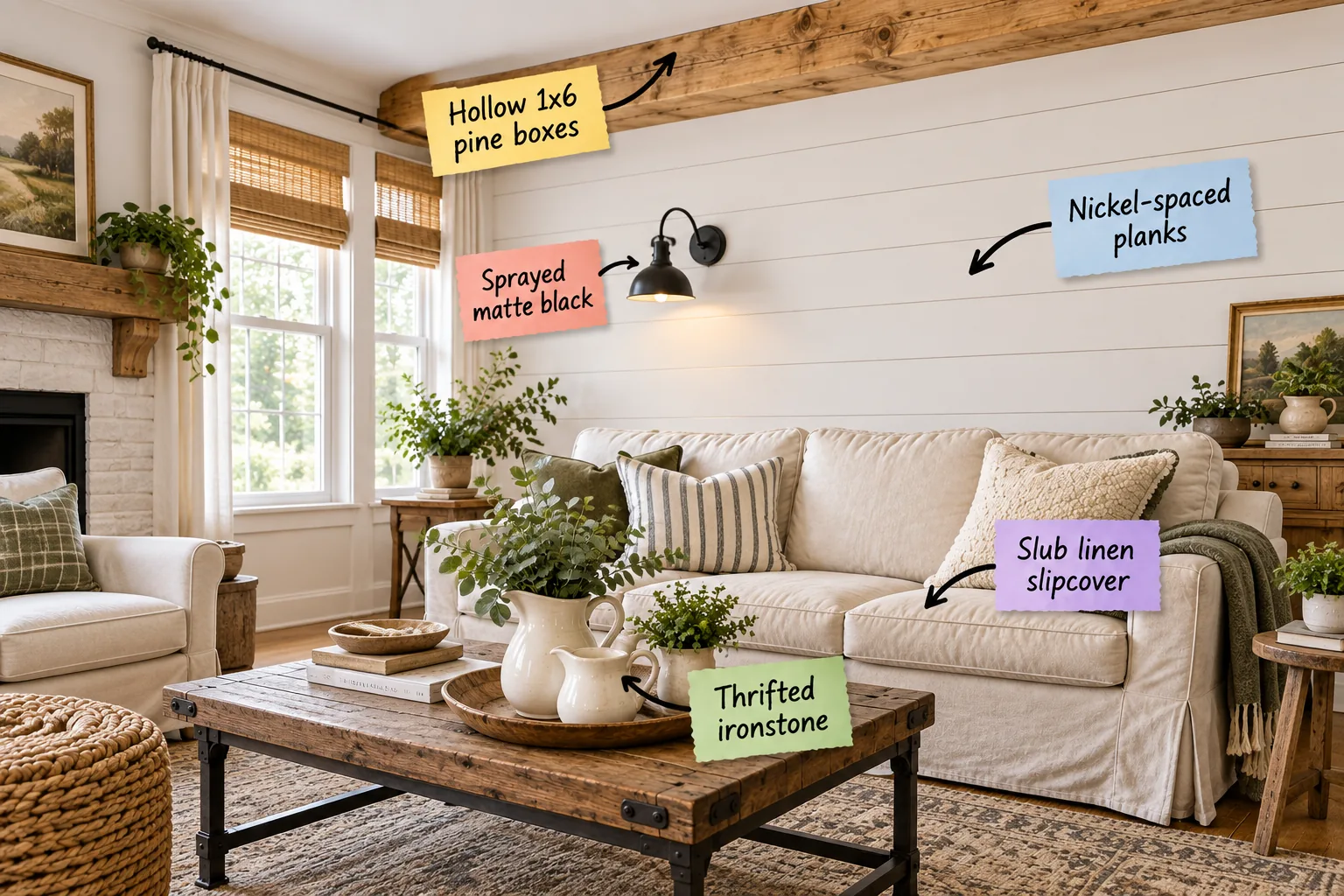 Bright farmhouse living room with white paneled walls, a rustic wooden ceiling beam, a linen sofa, and ironstone pitchers on a wooden coffee table.