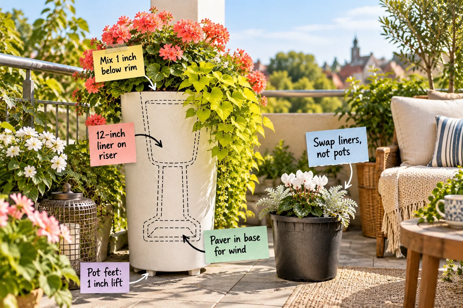 A tall white fiberglass planter on a sunny balcony, overflowing with coral geraniums and chartreuse vines, with sticky notes pointing out a hidden liner, riser, pot feet, and paver ballast.