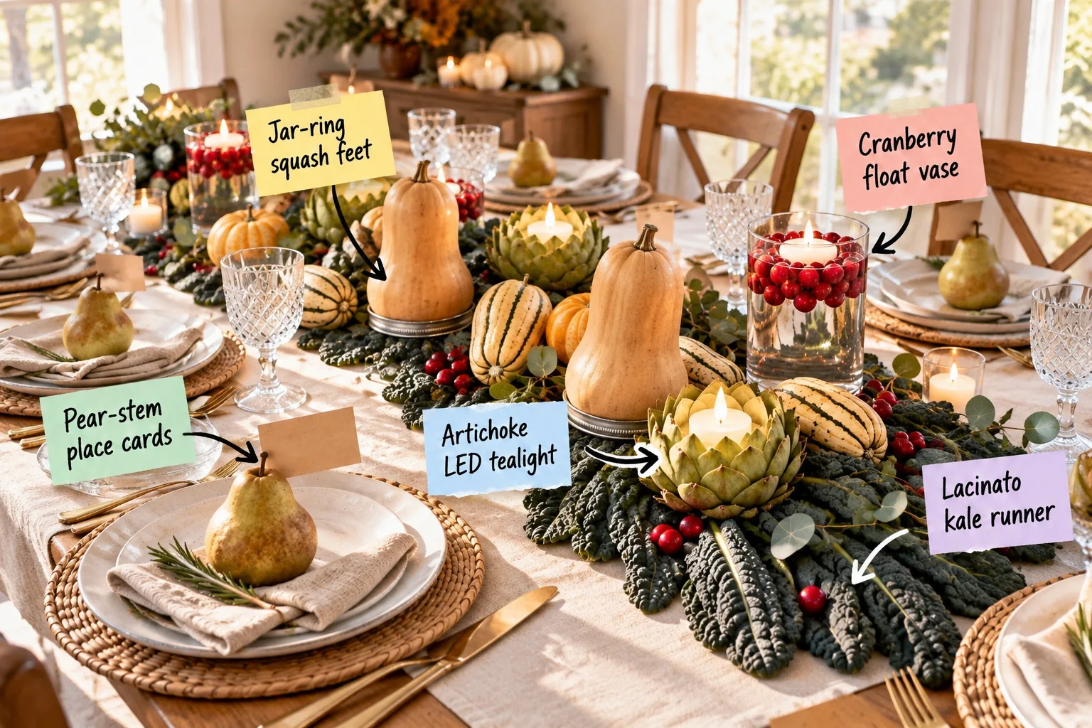 A Thanksgiving dining table decorated with a lacinato kale runner, butternut squash, artichoke candle holders, and cranberry vases.