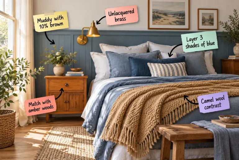 A beautifully styled bedroom with dusty blue wainscoting, amber wood nightstands, brass sconces, layered blue bedding, and a camel wool throw, with notes pointing out the design elements.