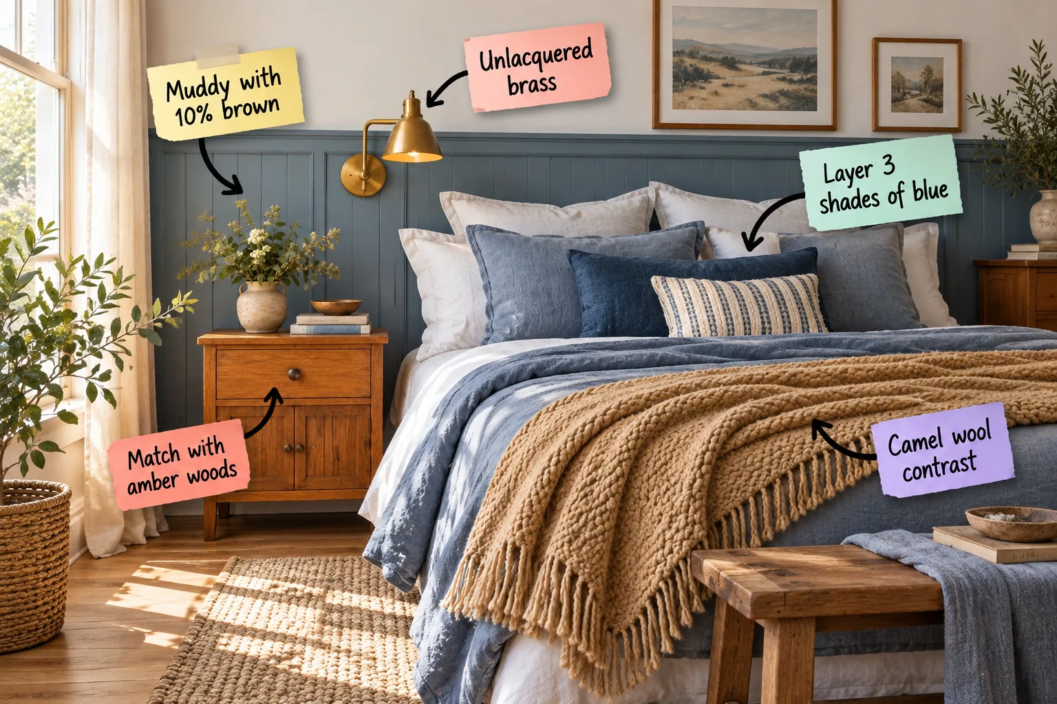 A beautifully styled bedroom with dusty blue wainscoting, amber wood nightstands, brass sconces, layered blue bedding, and a camel wool throw, with notes pointing out the design elements.