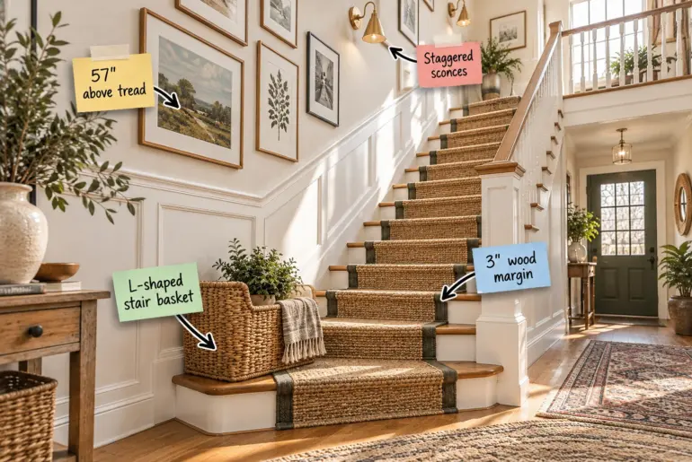 A bright entryway staircase featuring a jute runner, an L-shaped basket on the bottom steps, a gallery wall, and a brass wall sconce, with measurement labels pointing to key decor elements.