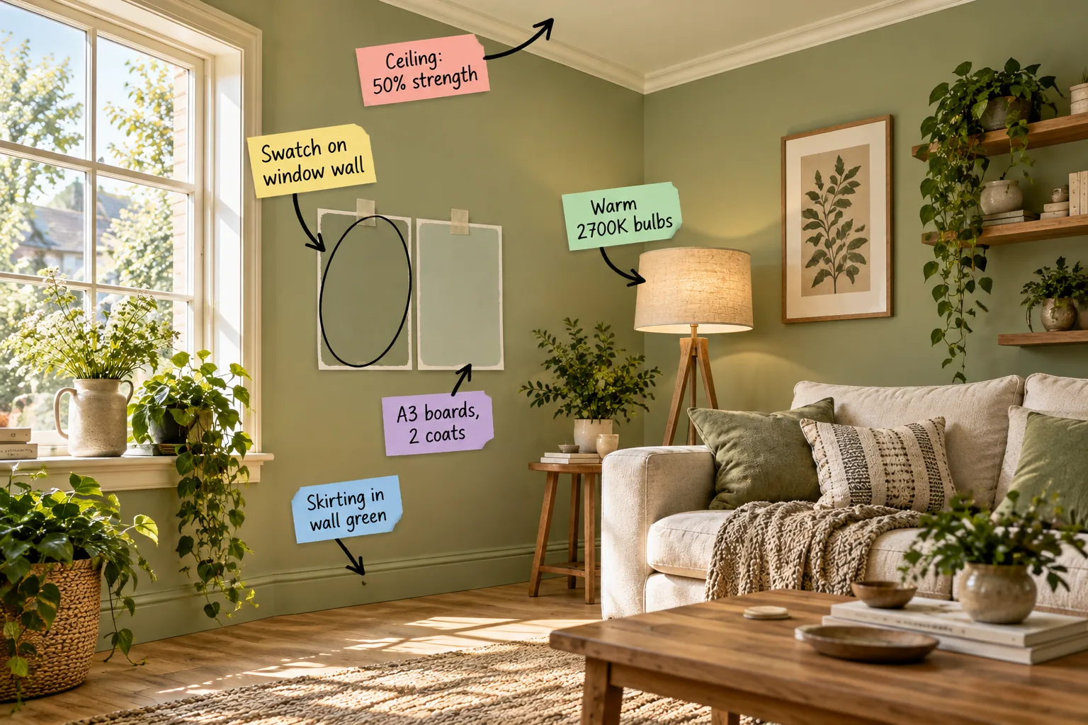 Sunlit living room painted sage green with two large paint swatches taped to the wall next to the window, a lighter green ceiling, matching skirting boards, and a lit floor lamp.