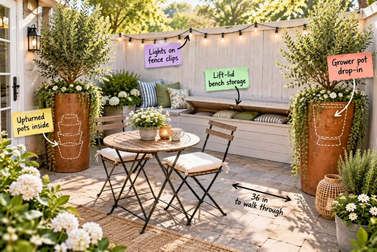 Sunlit patio with a bistro table, built-in bench, and tall rusted planters holding olive trees.