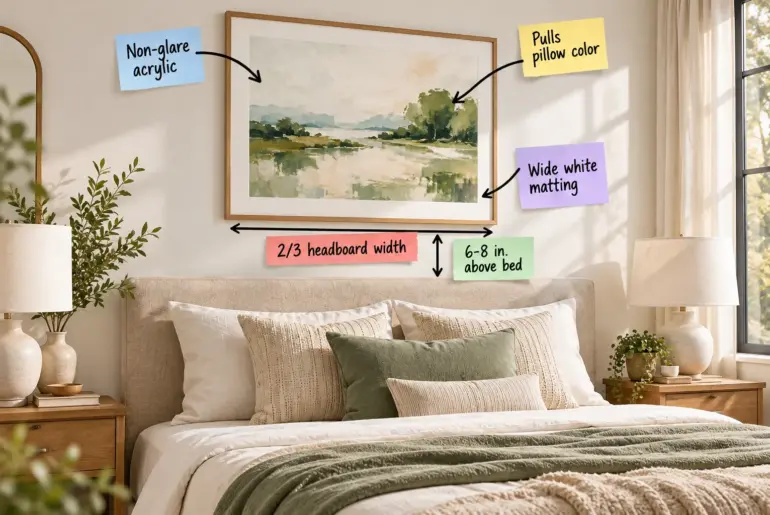 A framed abstract landscape painting hung perfectly proportioned over a linen queen bed, with annotations showing spacing and styling rules.