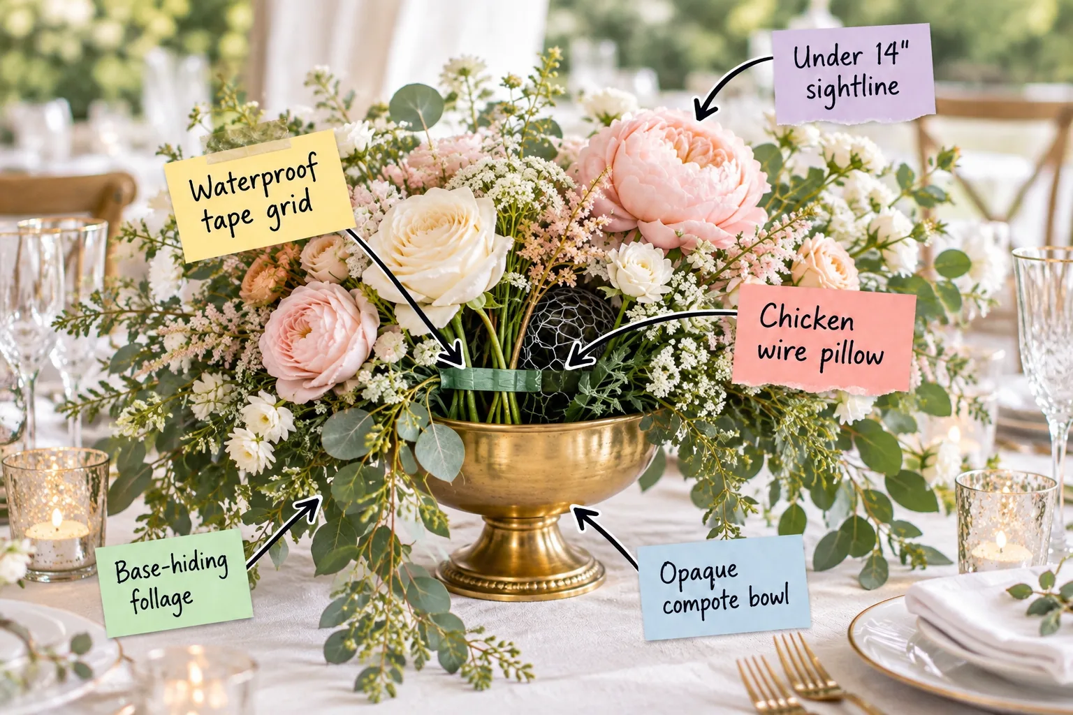 A lush pink and white floral arrangement in a brass compote bowl on a wedding table, with labels pointing out the hidden tape grid, wire pillow, foliage, and height sightline.