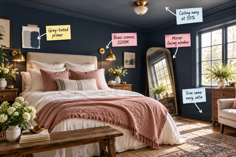 Cozy bedroom painted entirely in deep navy blue featuring a linen bed, blush velvet pillows, brass wall sconces, and a large leaning mirror.