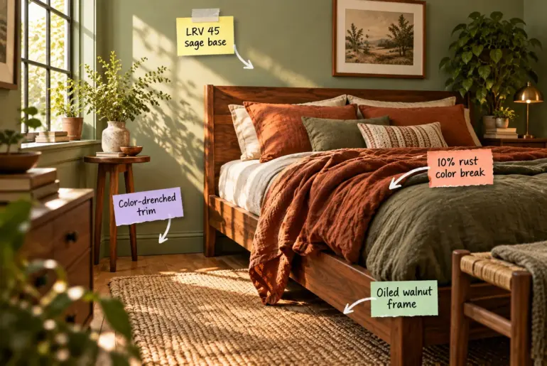 Sunlit bedroom featuring matte sage green walls, a warm walnut bed frame, and layered olive and rust linen bedding.