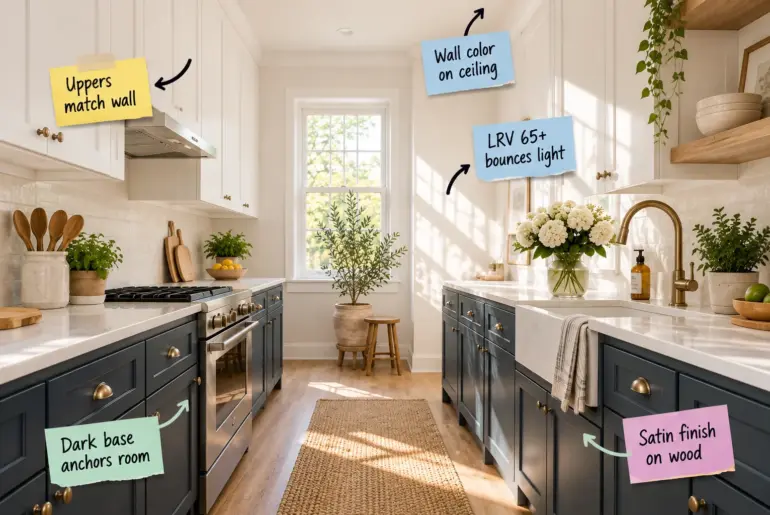 Bright galley kitchen showing dark blue lower cabinets, white upper cabinets, a jute runner, and brass hardware.