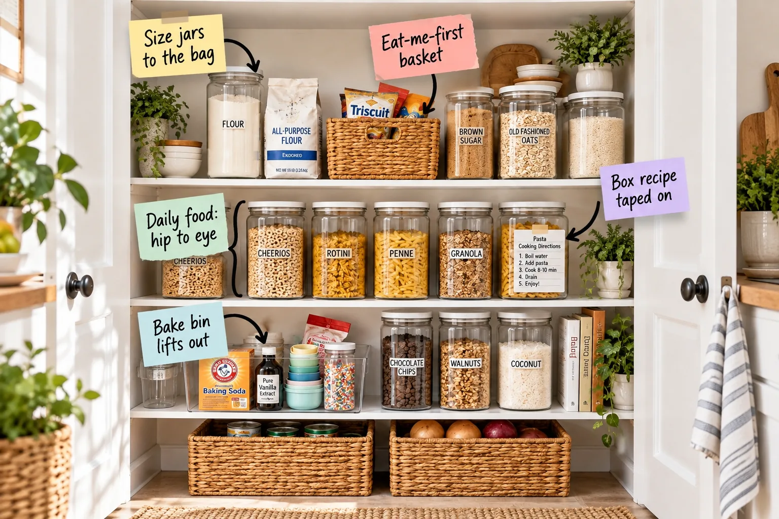 A fully organized kitchen pantry with white shelves, clear labeled canisters, a baking bin, and woven baskets.