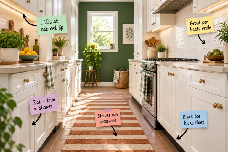 A sunlit galley kitchen with a deep green end wall, warm-white cabinets, a crosswise striped runner, and floating black toe kicks.
