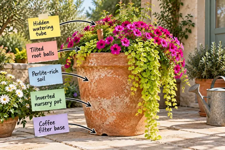 A large weathered terracotta planter filled with magenta flowers and trailing green vines on a stone patio.