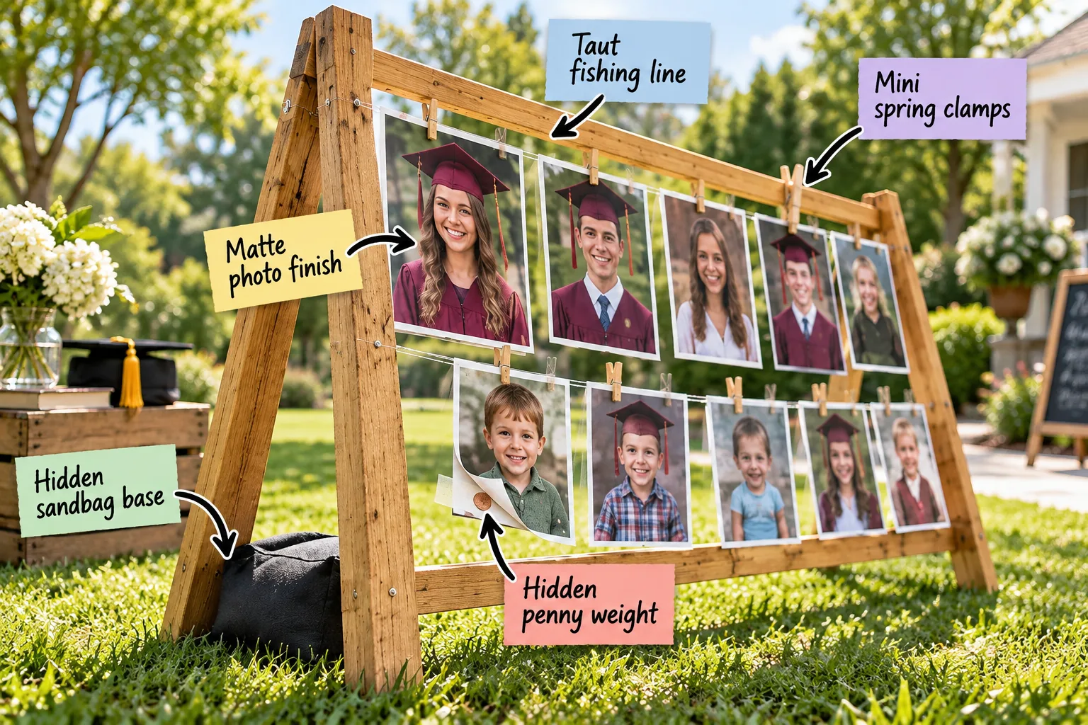 A wooden A-frame display on a sunny lawn holding rows of graduation and childhood photos with labels pointing to construction details.