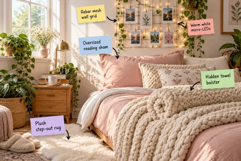 Cozy bedroom corner with pink bedding, a chunky knit blanket roll, fluffy rug, and a wire wall grid covered in photos and string lights