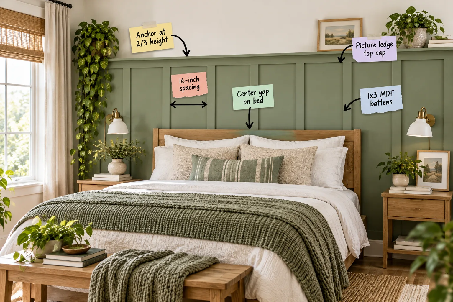 A small bedroom featuring a sage green board-and-batten accent wall behind a wooden bed with neutral textured bedding.
