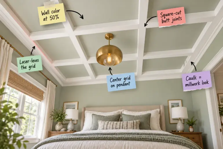 A faux-coffered ceiling grid with flat white battens over a pale sage green ceiling, centered on a brass dome pendant light in a bedroom.