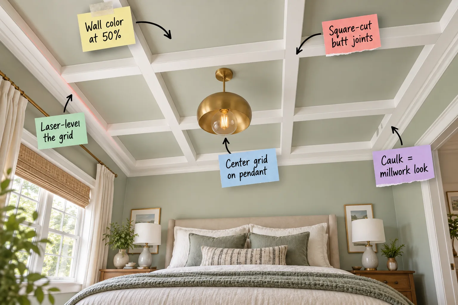 A faux-coffered ceiling grid with flat white battens over a pale sage green ceiling, centered on a brass dome pendant light in a bedroom.