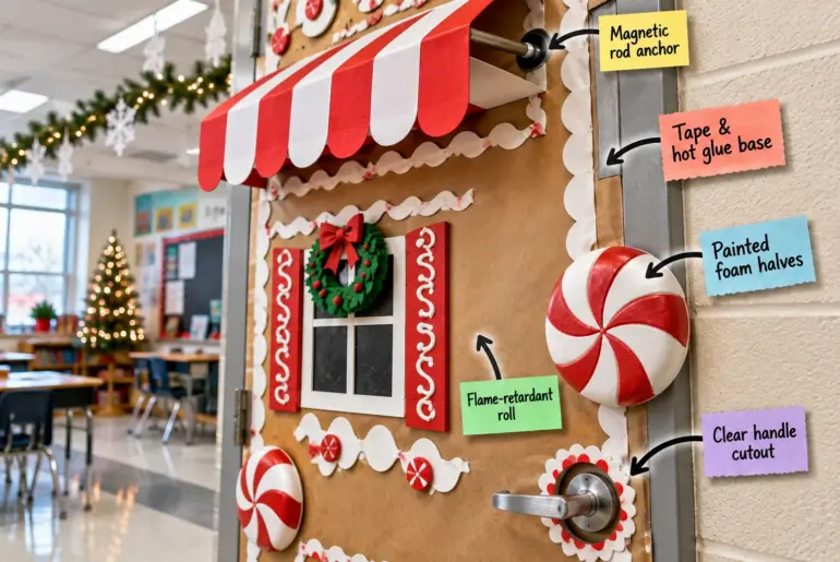 A highly dimensional gingerbread-house themed classroom door featuring a 3D striped awning, large 3D peppermint candies, and a crisp kraft paper background, with labels pointing to structural details.