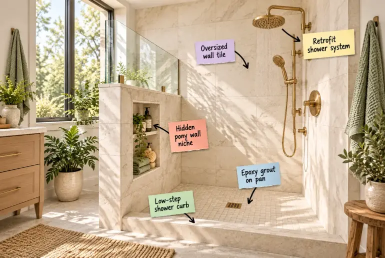 Modern walk-in shower with light beige stone tiles, a pony wall with a glass partition, and brushed brass fixtures.