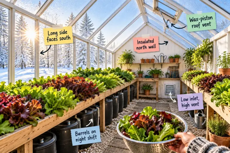 Interior of a sunny backyard greenhouse in winter with lush lettuce beds, black water barrels, and a hand holding a colander of freshly cut greens.
