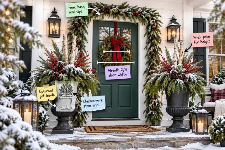 A decorated front porch for Christmas featuring a green door with a wreath, garland, and two black urns filled with evergreens and birch poles.
