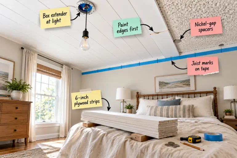 A bedroom ceiling partially covered in white shiplap over popcorn texture, with installation materials on the bed below.