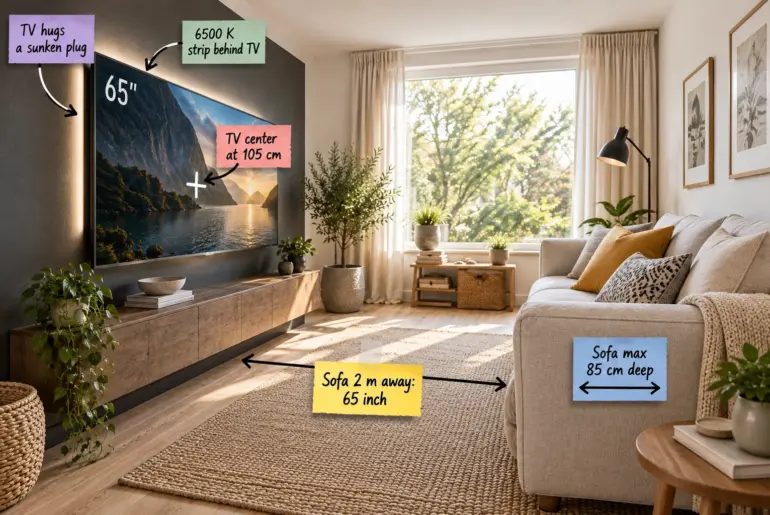 A small, bright living room with a large 65-inch TV mounted on a charcoal wall opposite a shallow oatmeal linen sofa, featuring layout measurements.