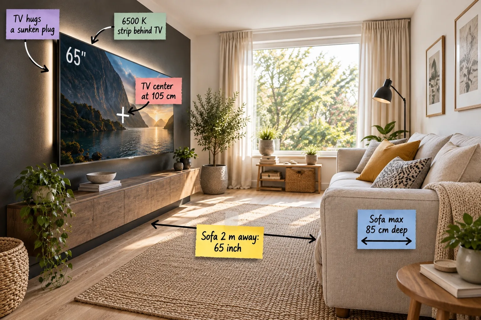 A small, bright living room with a large 65-inch TV mounted on a charcoal wall opposite a shallow oatmeal linen sofa, featuring layout measurements.