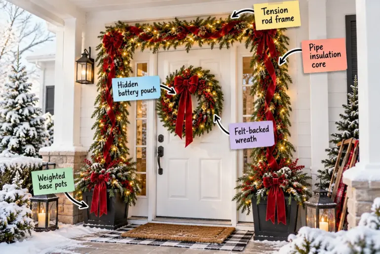 A white front door framed by a thick, glowing Christmas garland and red bows, anchored by black planters.