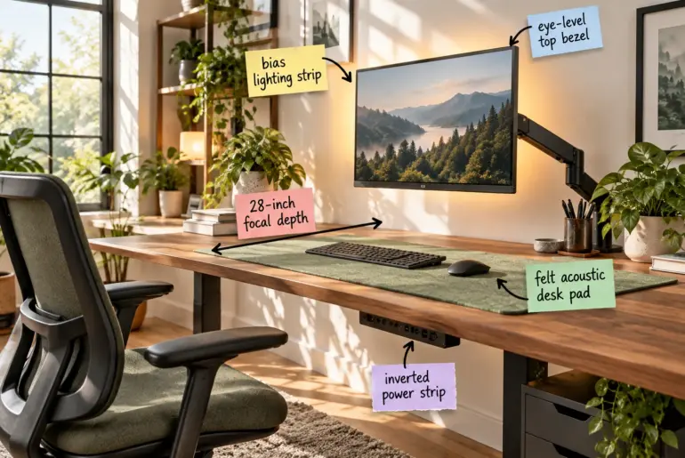 A warm wood desk setup with a monitor on an arm, sage green desk pad, and soft backlighting.