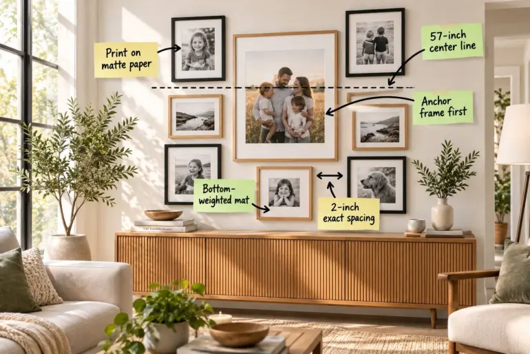 A bright living room featuring a perfectly spaced gallery wall of family photos in mixed black and oak frames hung above a modern wood credenza.