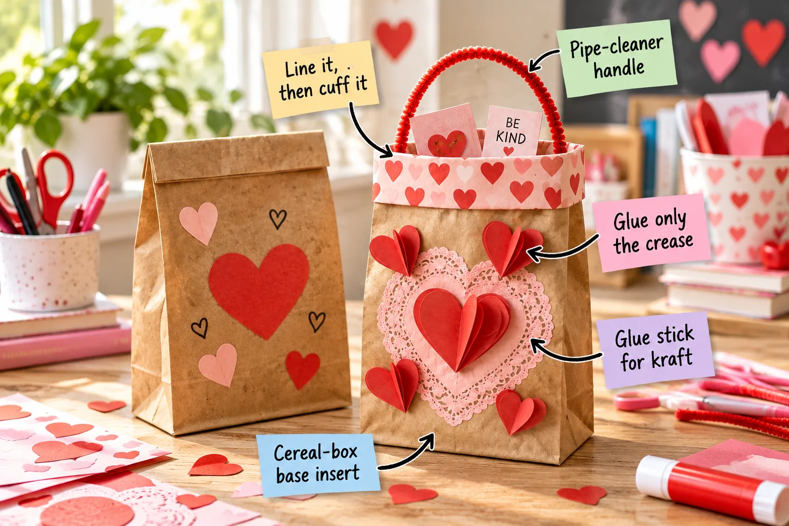 Two decorated kraft paper Valentine bags on a wooden table, one flat and one standing with a 3D heart design and handle.