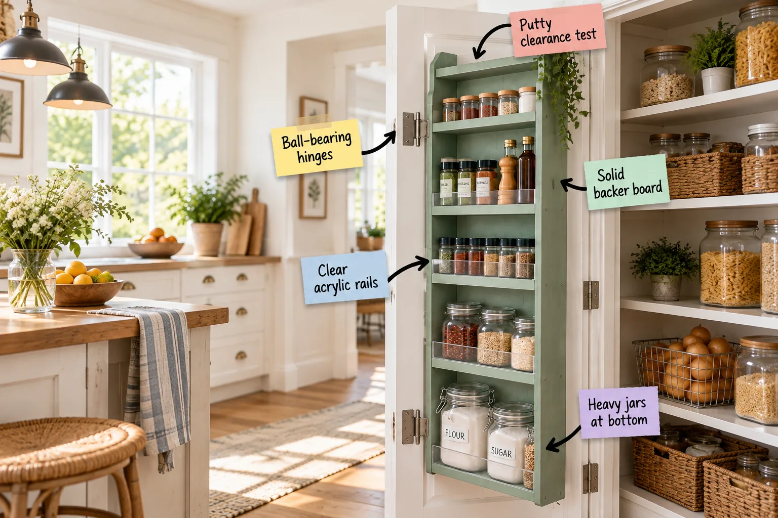 A standard white kitchen door swung open, revealing a custom sage green wooden storage rack mounted to the back, filled with spices and large baking jars.