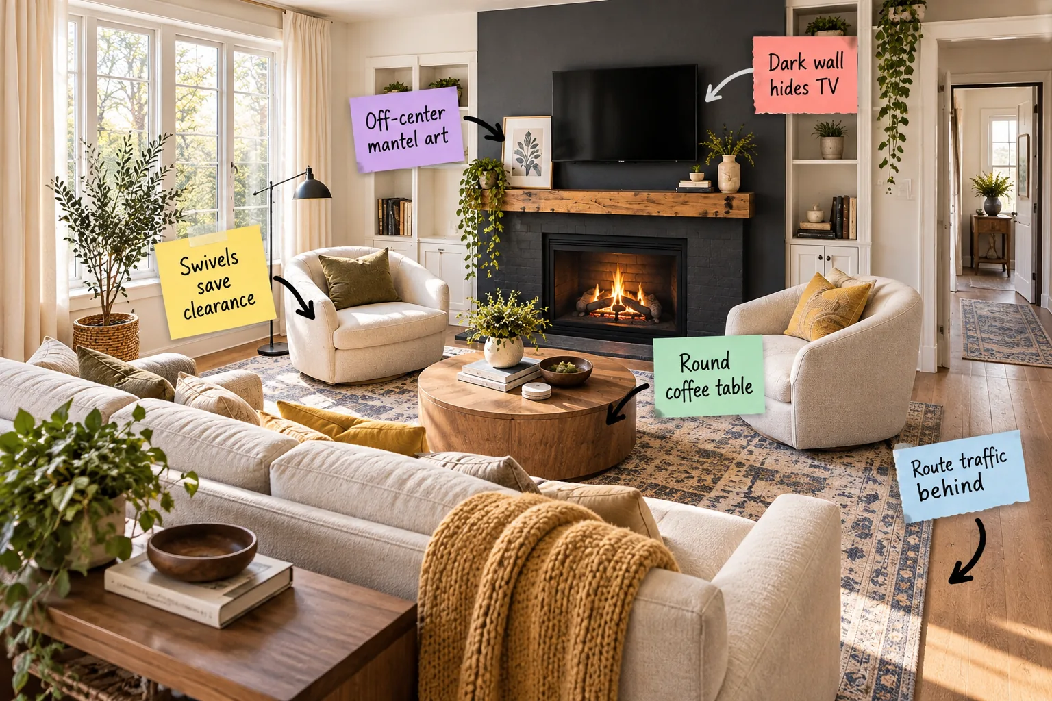 A bright living room with a charcoal fireplace wall, light swivel chairs, a round wood coffee table, and a sofa floating in the foreground.
