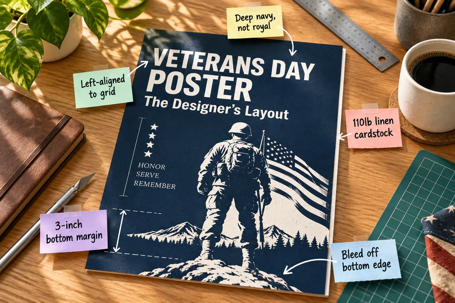 A professionally designed Veterans Day poster on an oak drafting table with design tools and annotated labels.