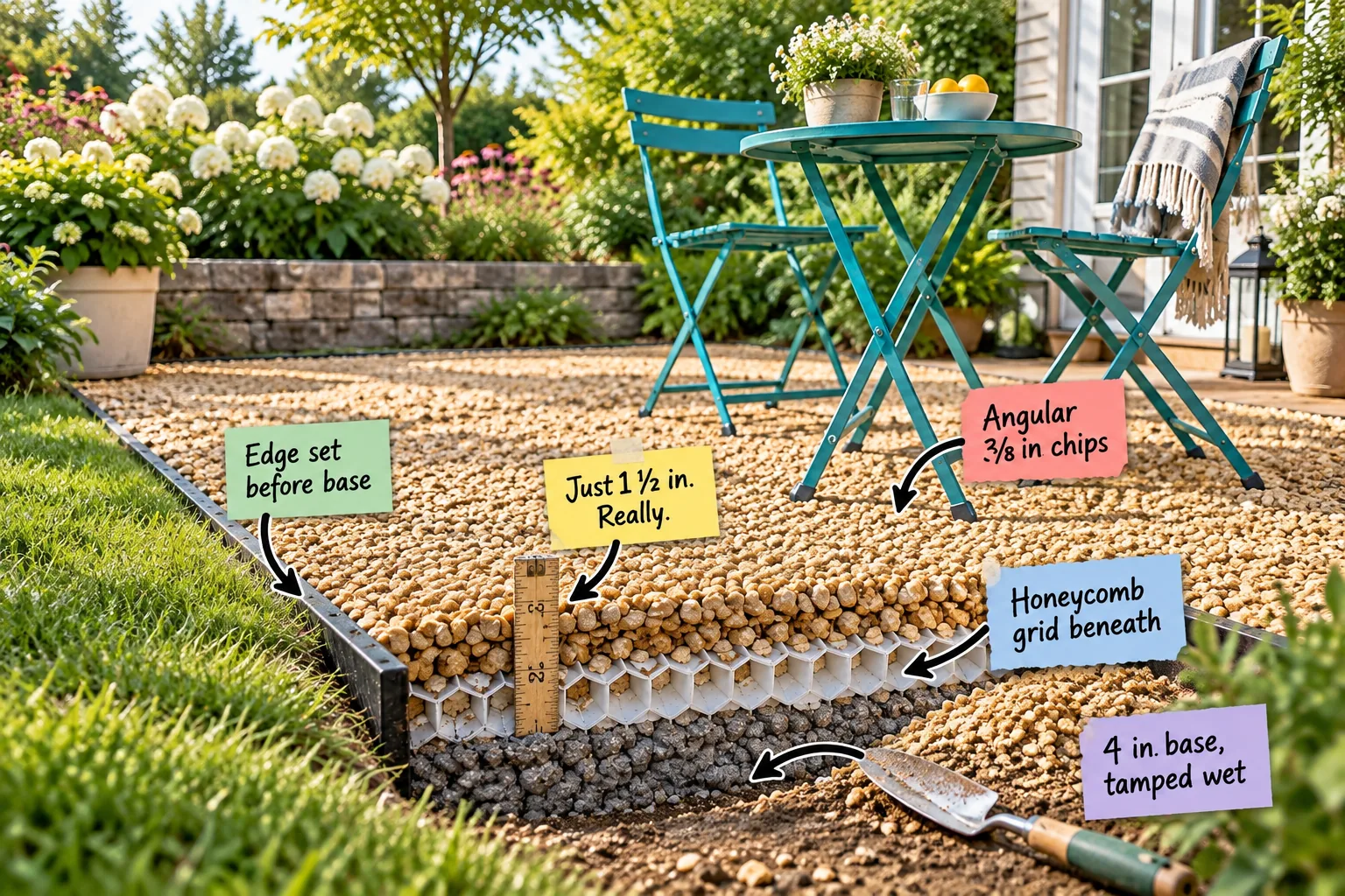 A finished gravel patio with a teal bistro set, featuring a small cutaway section at the front showing the crushed stone base and honeycomb grid beneath the top gravel.