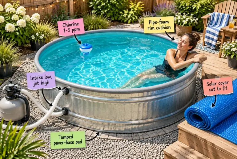 Woman relaxing in a galvanized stock tank pool in a sunny backyard with pool equipment visible.