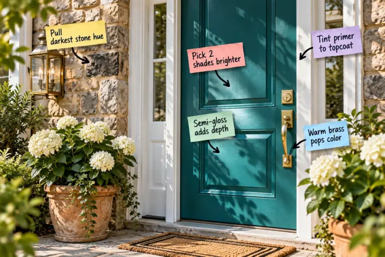 A rich teal front door with brass hardware framed by natural stone and white trim, annotated with paint color matching tips.