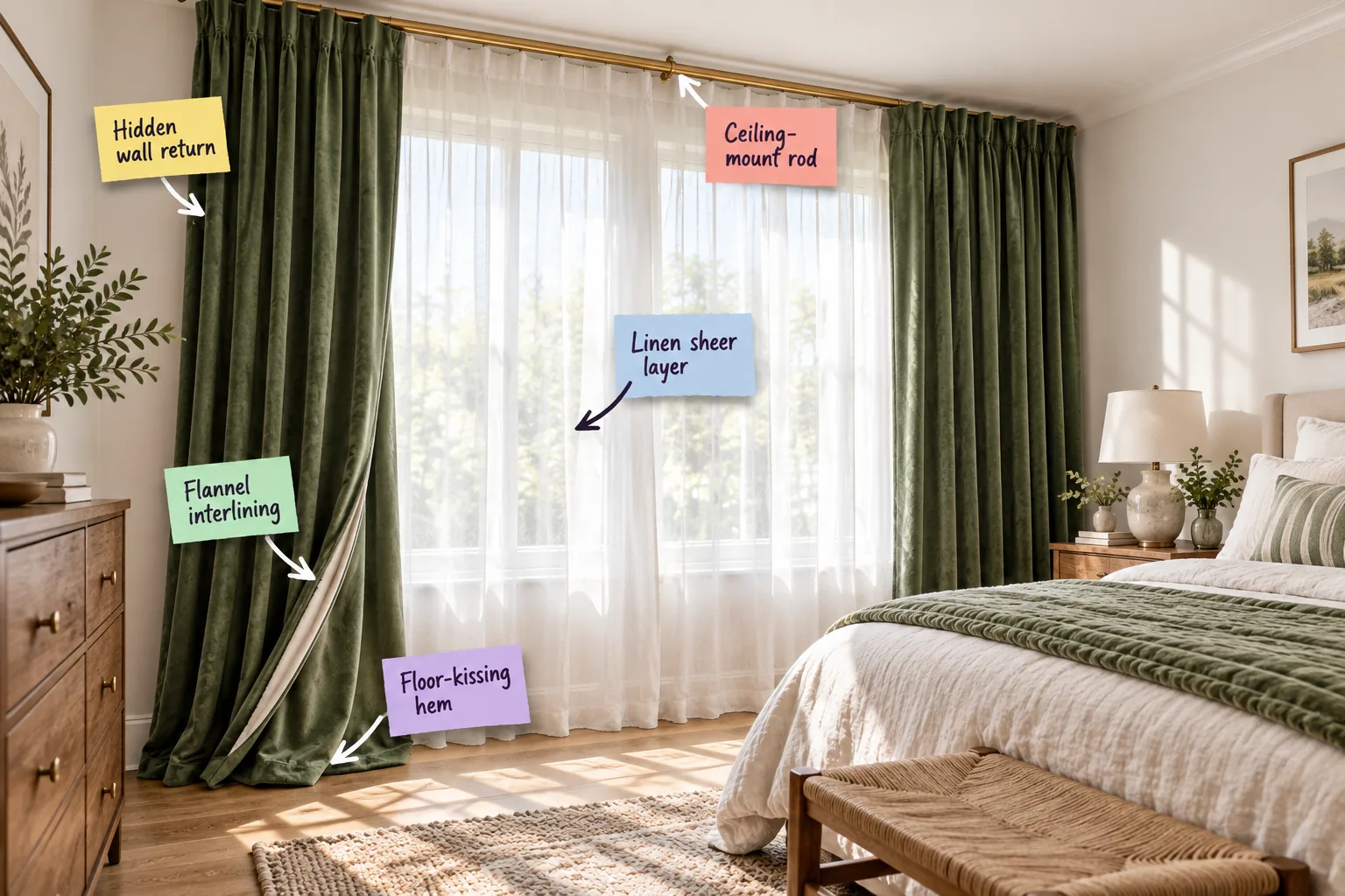 Layered bedroom window treatment featuring white linen sheers and heavy sage green velvet curtains on a brass rod.