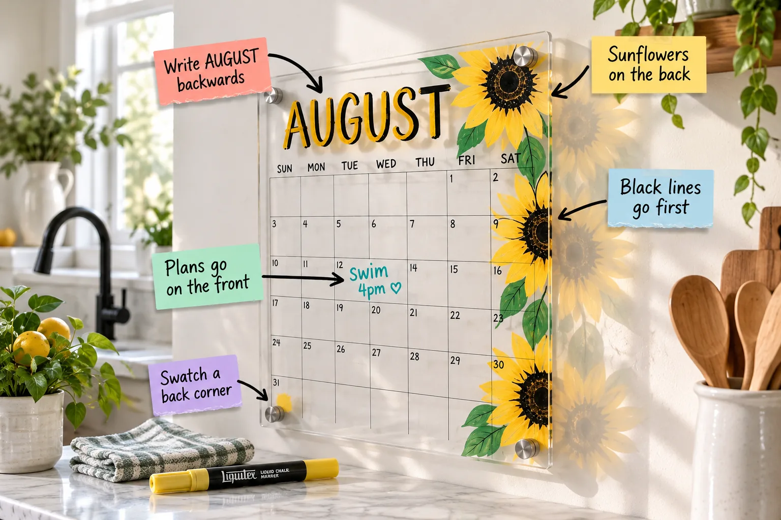Clear acrylic wall calendar in a sunny kitchen decorated with painted sunflowers on the back and dry-erase plans on the front, featuring instructional labels.