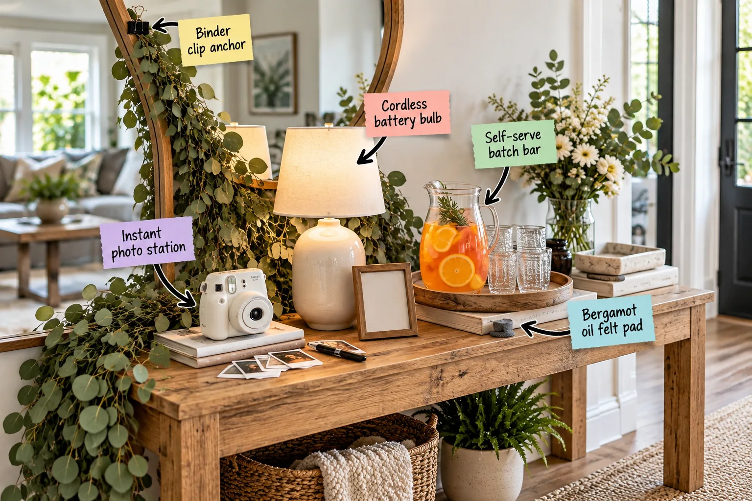 Wooden console table styled for a party with a mirror garland, glowing lamp, citrus drink pitcher, and instant camera.