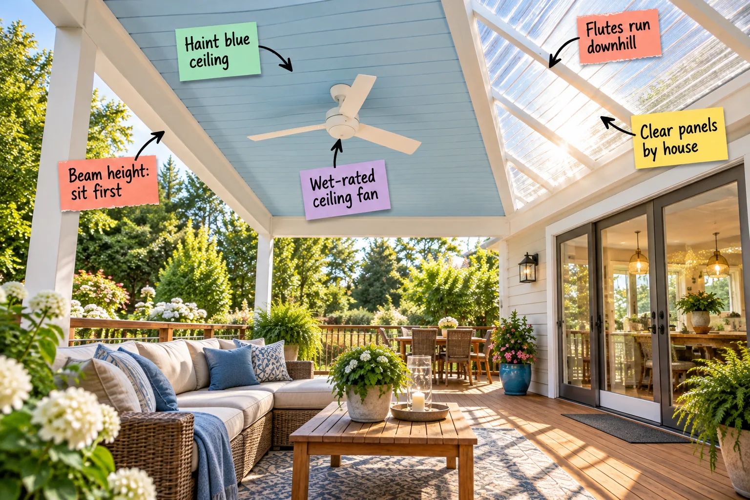 A wood deck with a hybrid roof featuring clear panels near the house and a pale blue solid ceiling over a seating area.