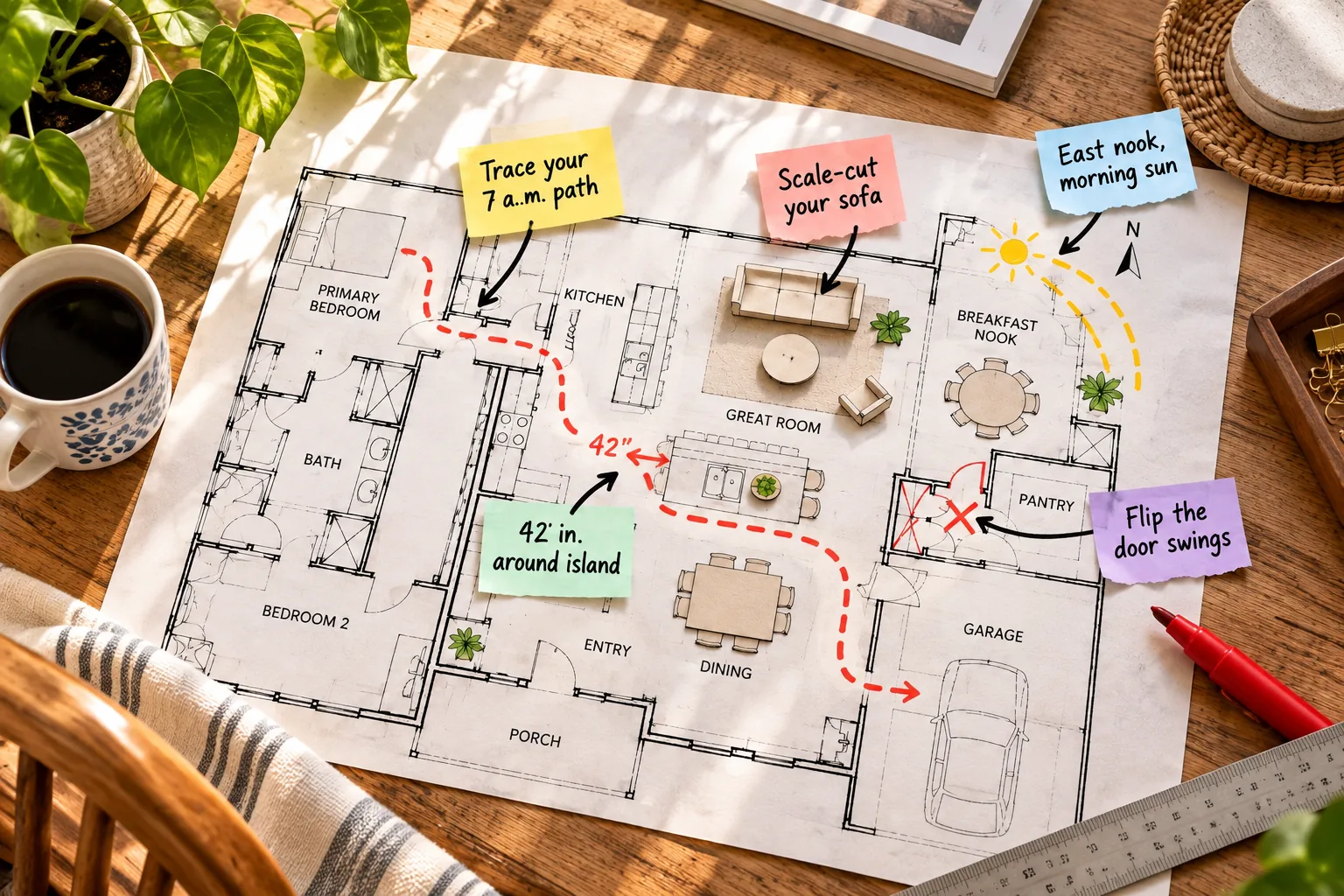 A printed house plan on a wooden table marked up with red marker, paper furniture cutouts, and sticky notes detailing layout changes.